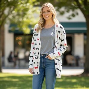 Disney White Cardigan with Black & Red Minnie Bow Print